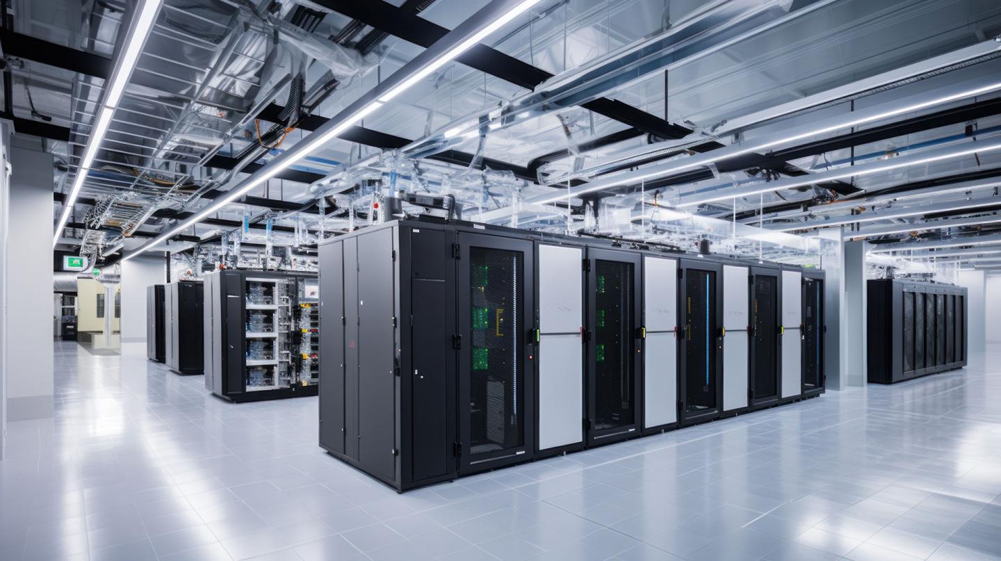 data center with rows of server racks and cooling systems