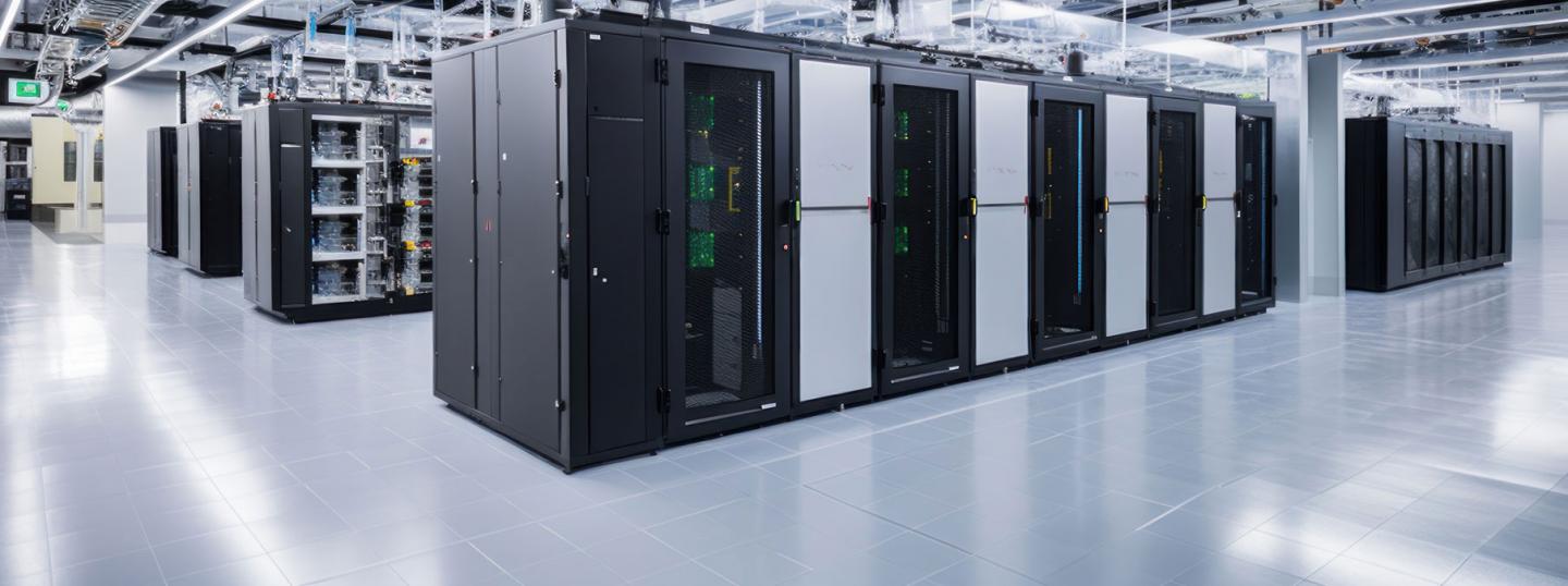  data center with rows of server racks and cooling systems